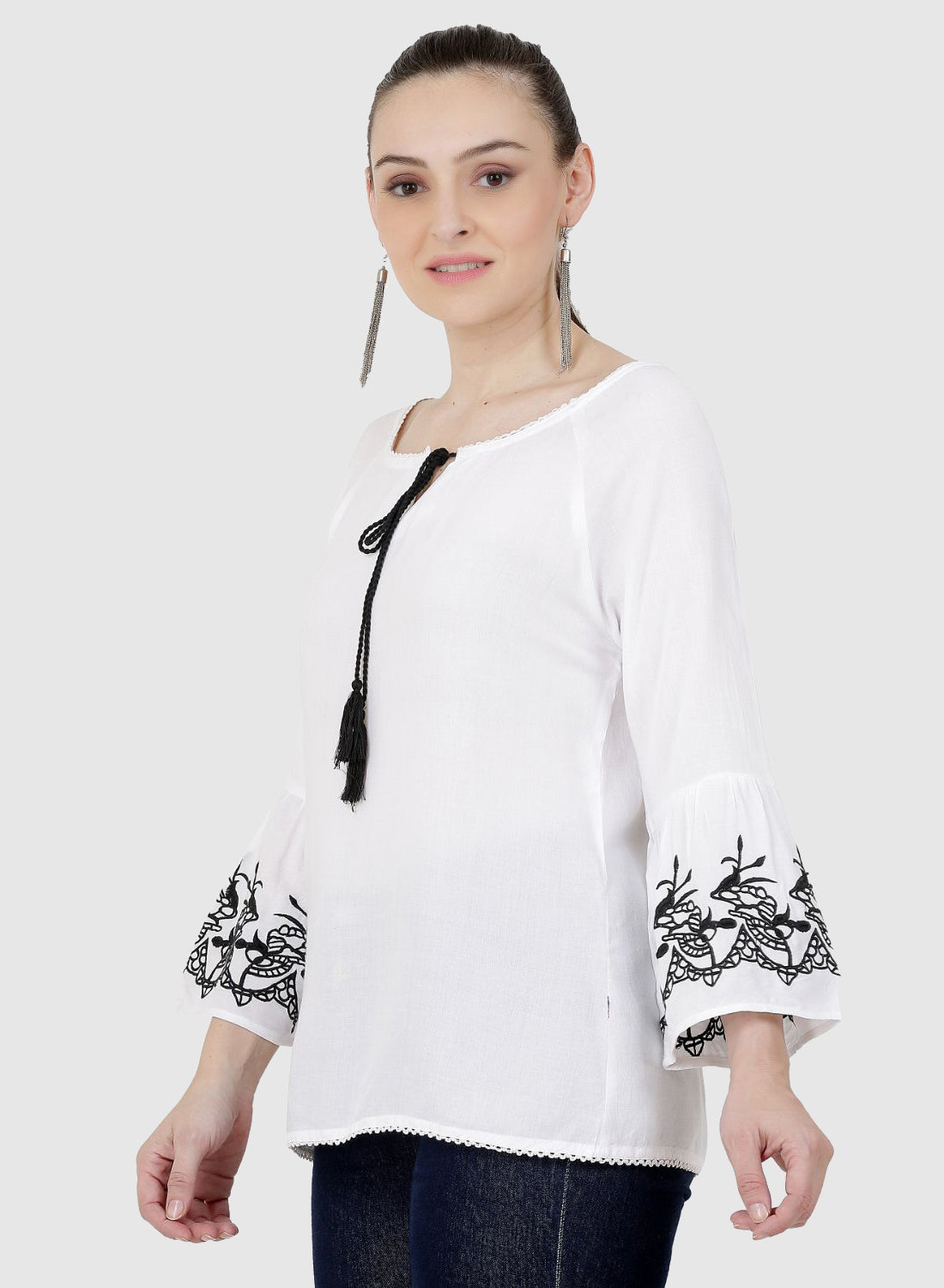 Women Top White Casual Regular Fit Bell Sleeve