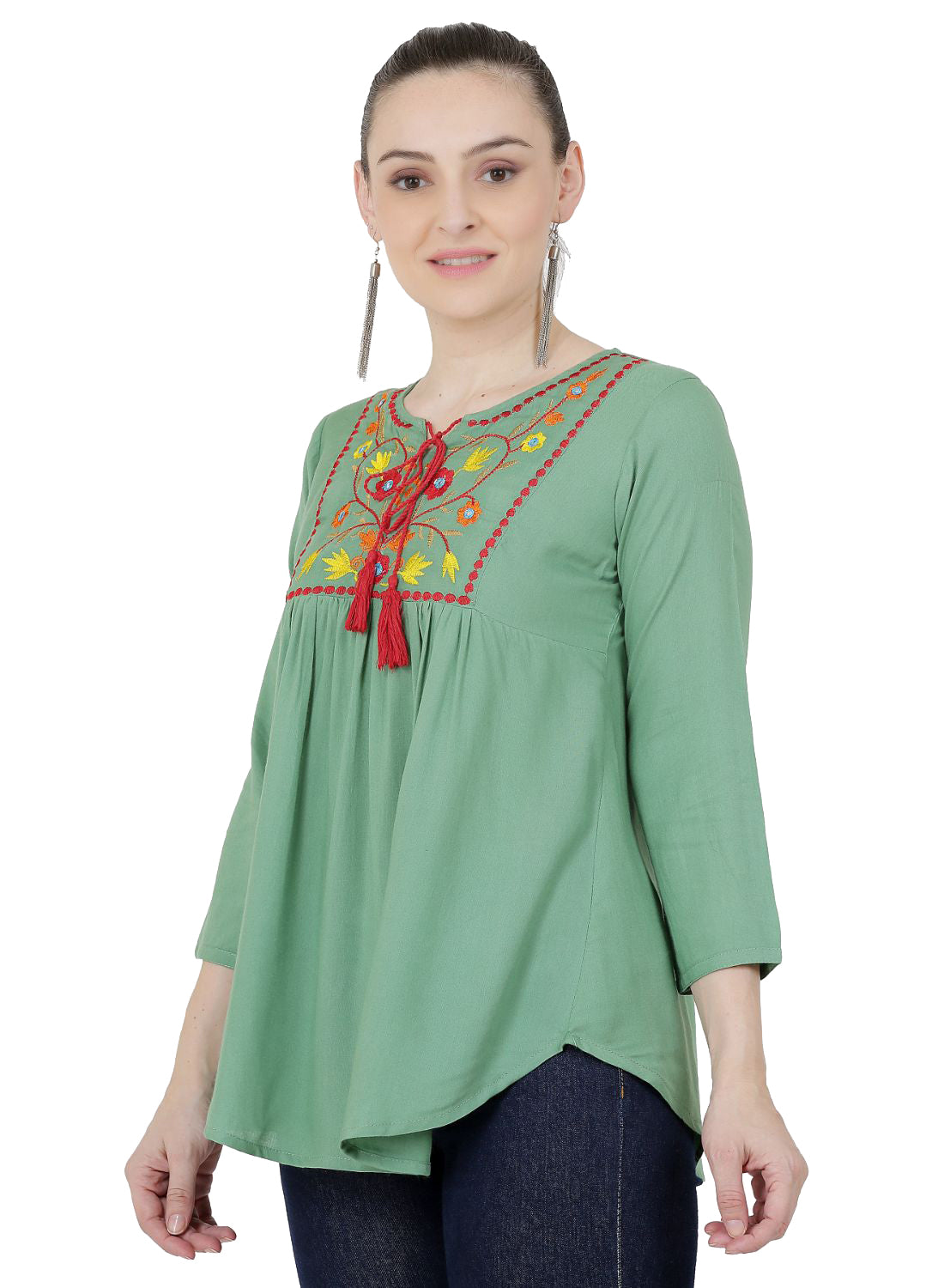 Women Top Sea Green Casual Fit and Flare Regular 3/4 Sleeve