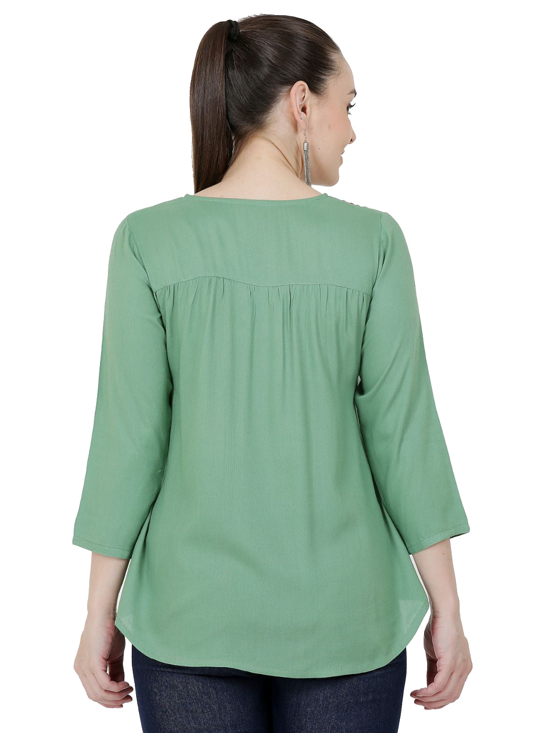 Women Top Sea Green Casual Fit and Flare Regular 3/4 Sleeve