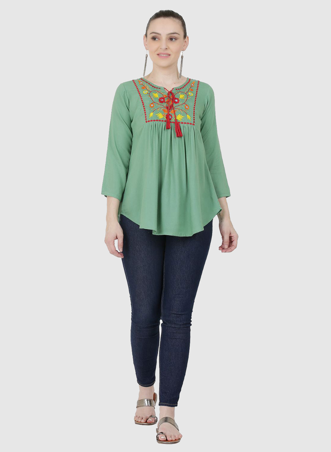 Women Top Sea Green Casual Fit and Flare Regular 3/4 Sleeve