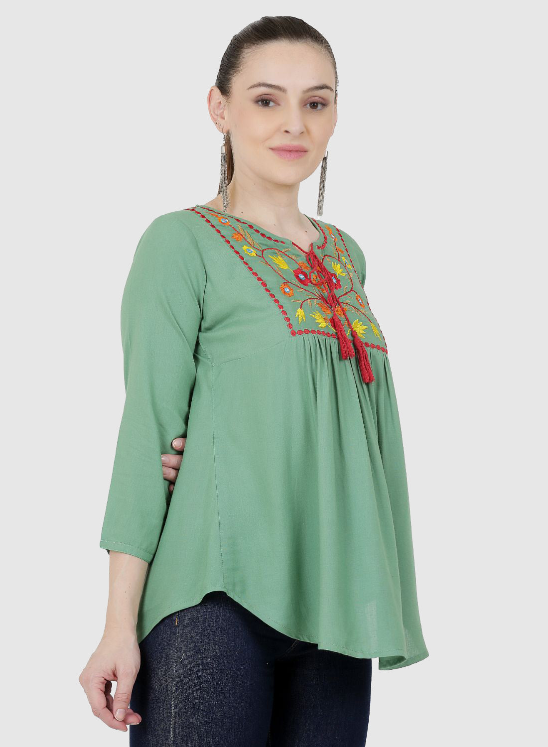 Women Top Sea Green Casual Fit and Flare Regular 3/4 Sleeve