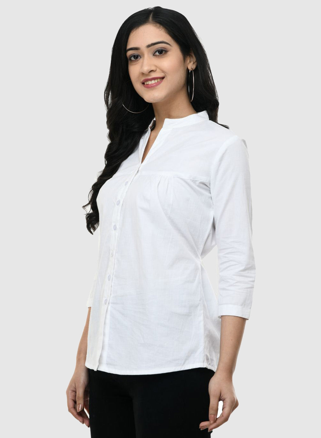 Women Shirt White Cotton Casual Regular 3/4 Sleeve