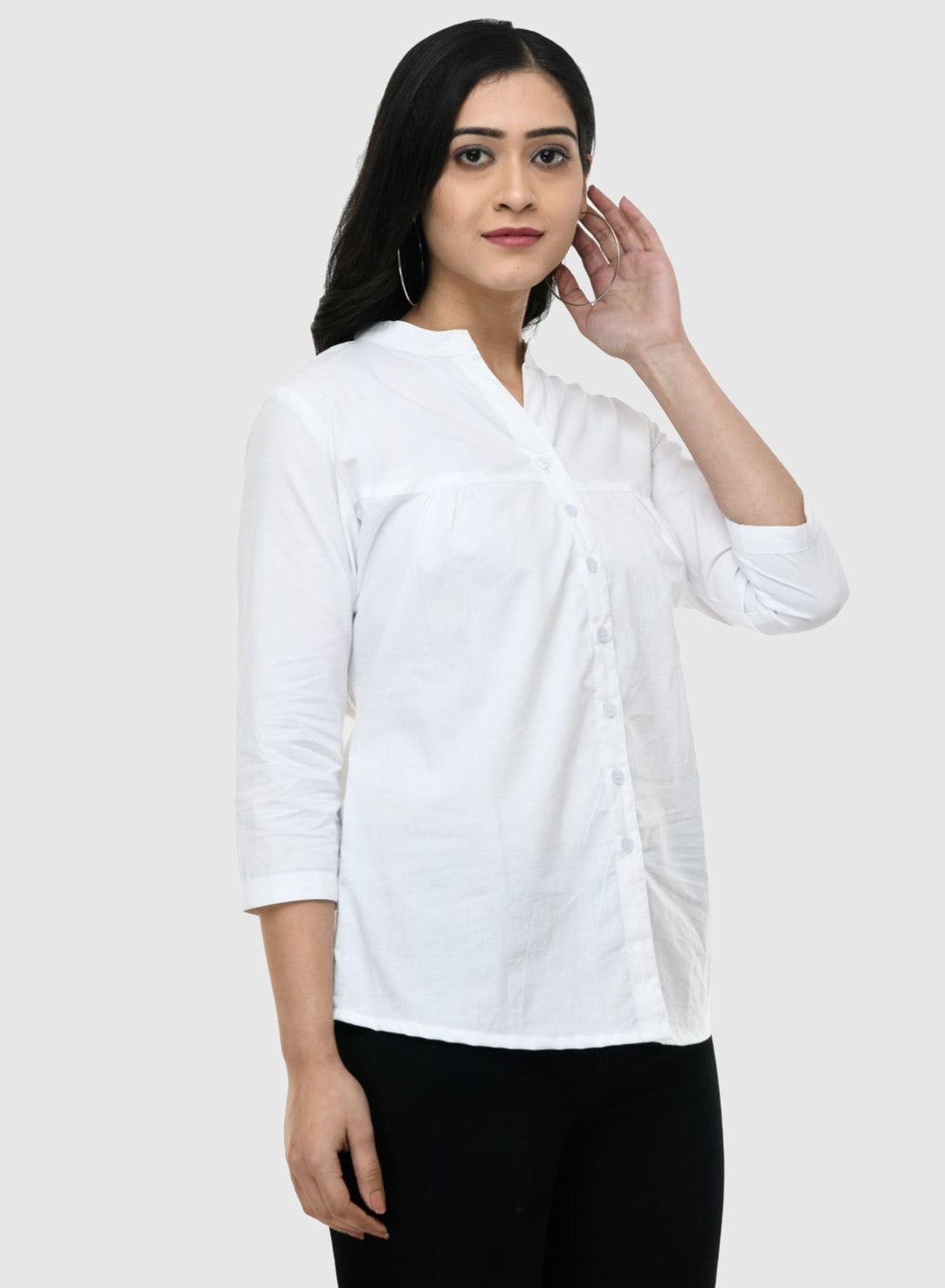 Women Shirt White Cotton Casual Regular 3/4 Sleeve