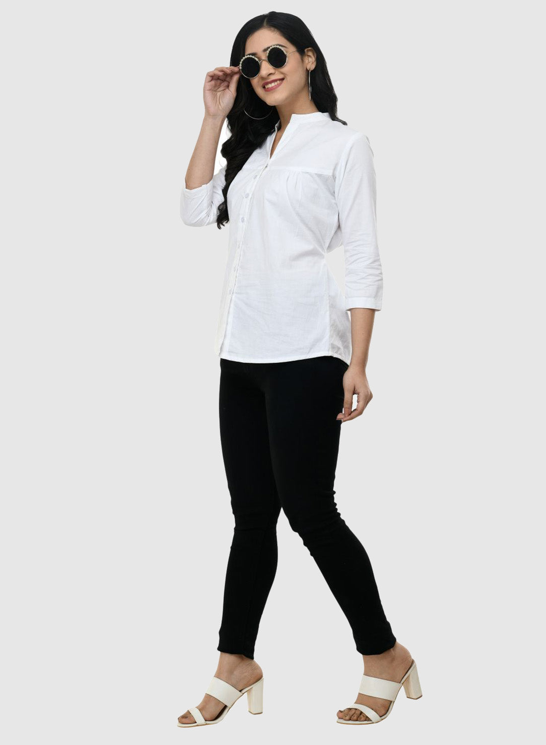 Women Shirt White Cotton Casual Regular 3/4 Sleeve