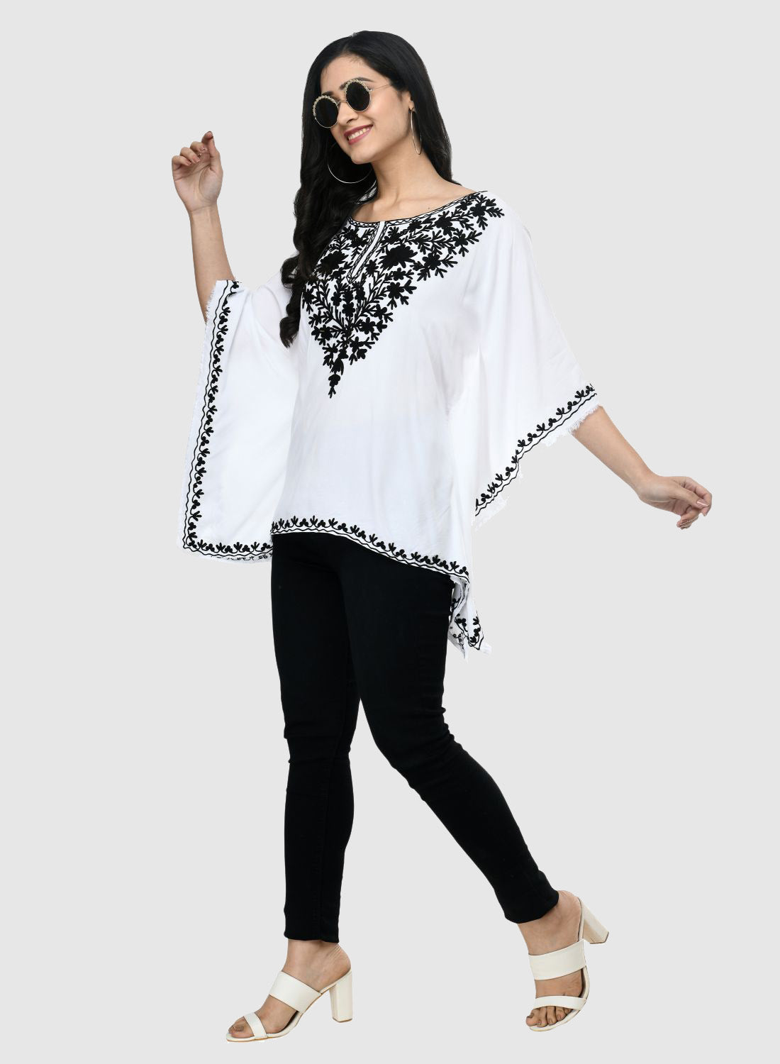 Women Kaftan Top White Casual Regular Fit and Flare Embroidery Work