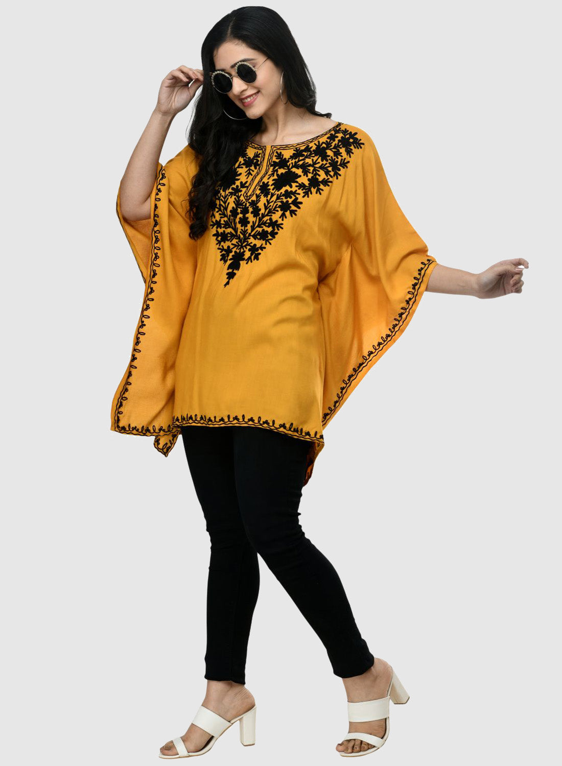 Women Kaftan Top Mustard Casual Regular Fit and Flare Embroidery Work