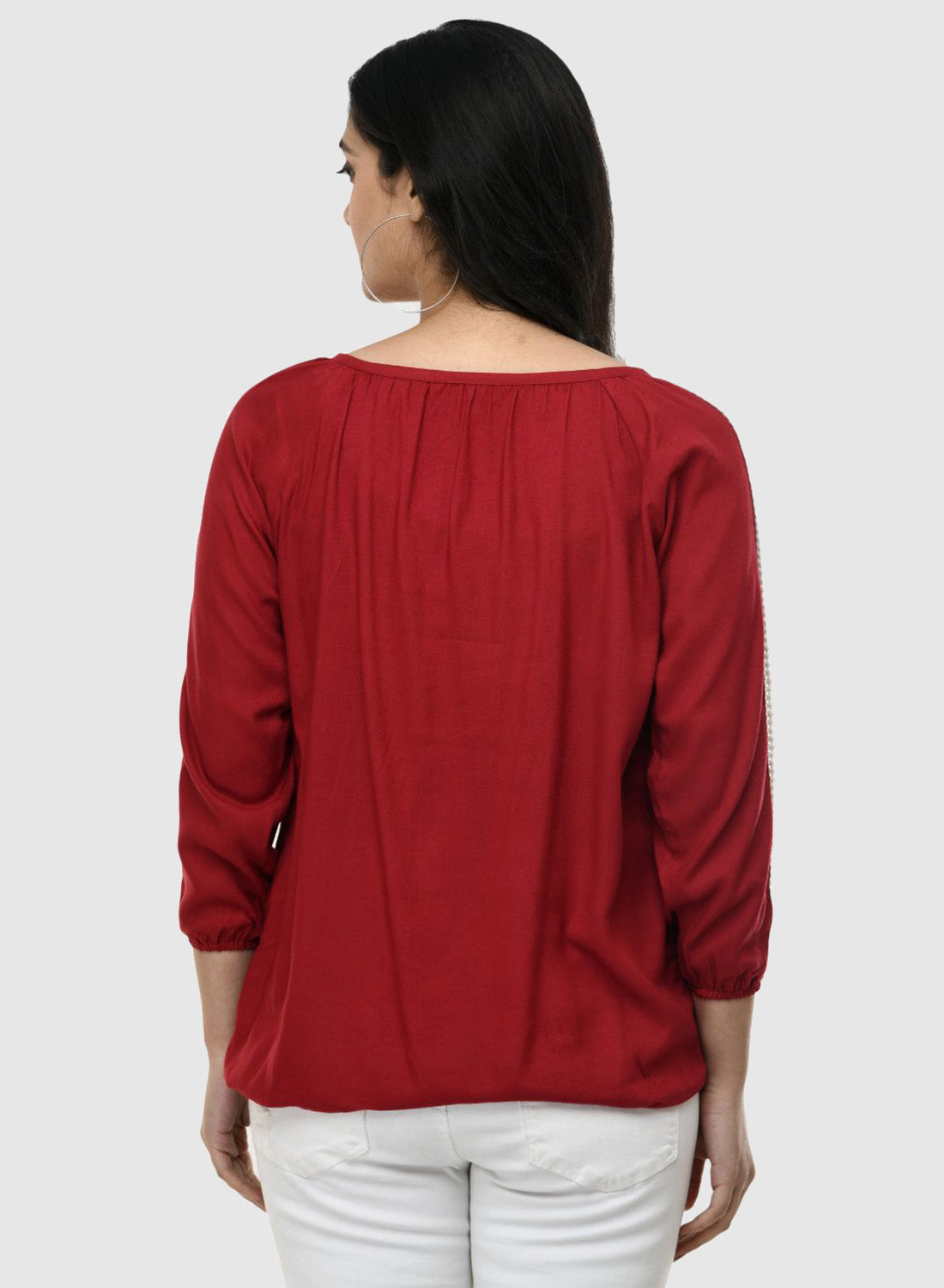 Women Top Maroon Casual Regular Fit 3/4 Sleeve