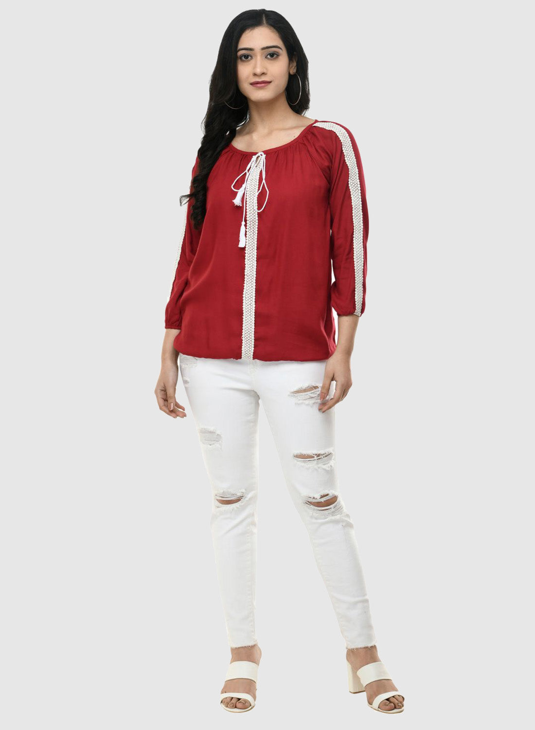 Women Top Maroon Casual Regular Fit 3/4 Sleeve