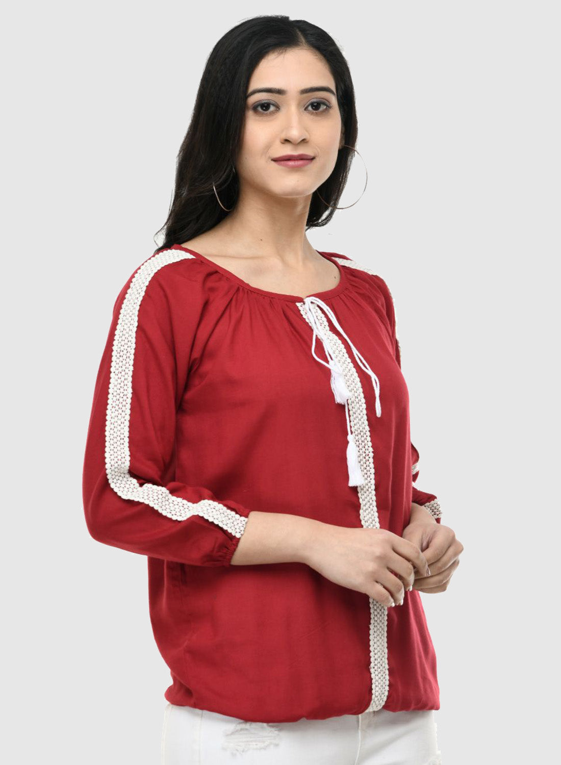 Women Top Maroon Casual Regular Fit 3/4 Sleeve
