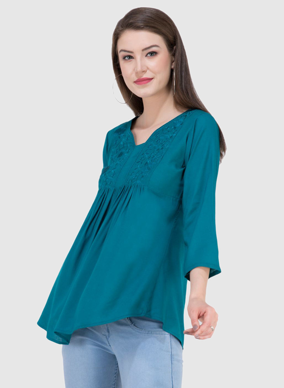 Women Top P Blue Rayon Casual Regular Fit and Flare 3/4 Sleeve