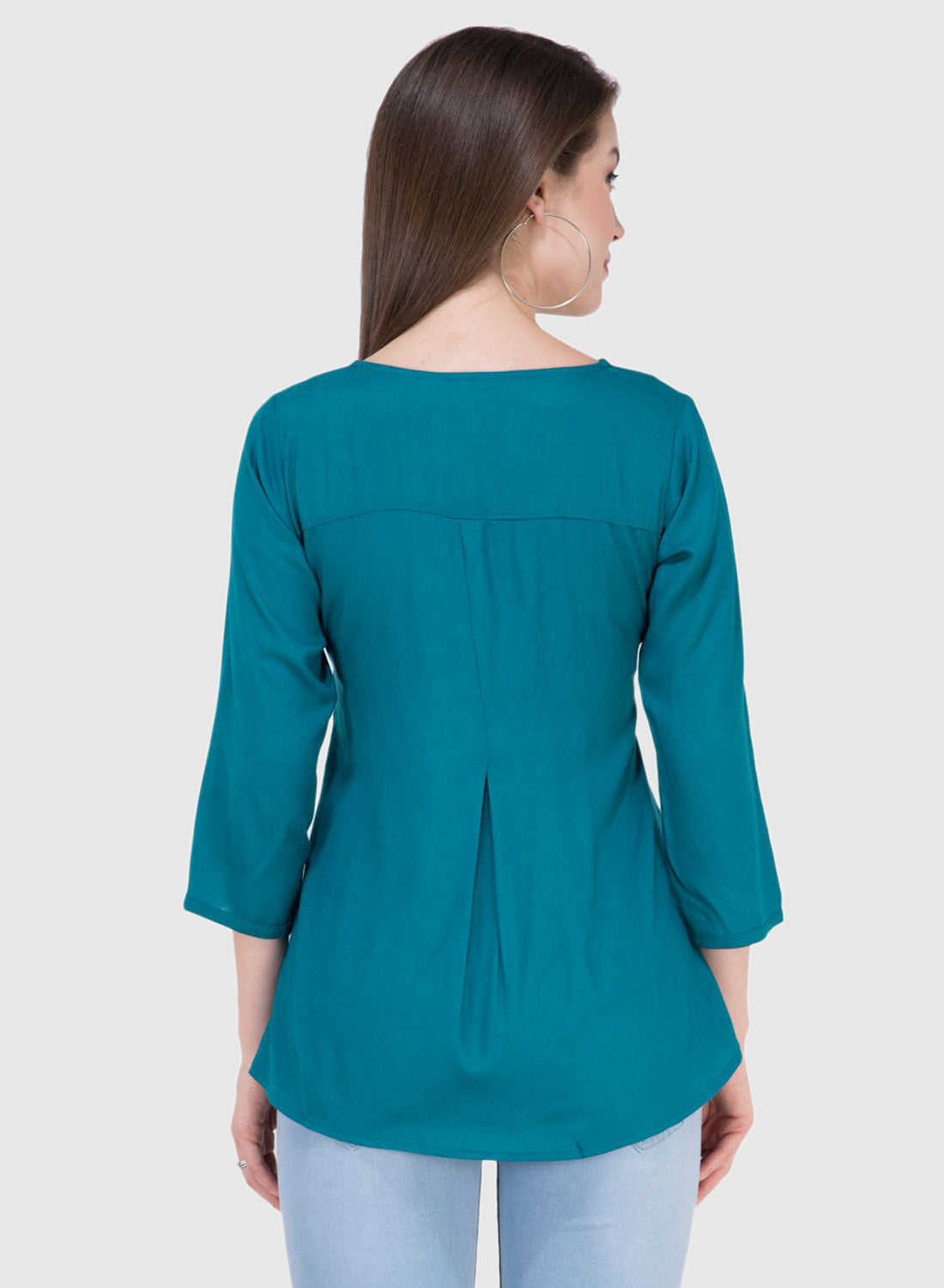 Women Top P Blue Rayon Casual Regular Fit and Flare 3/4 Sleeve