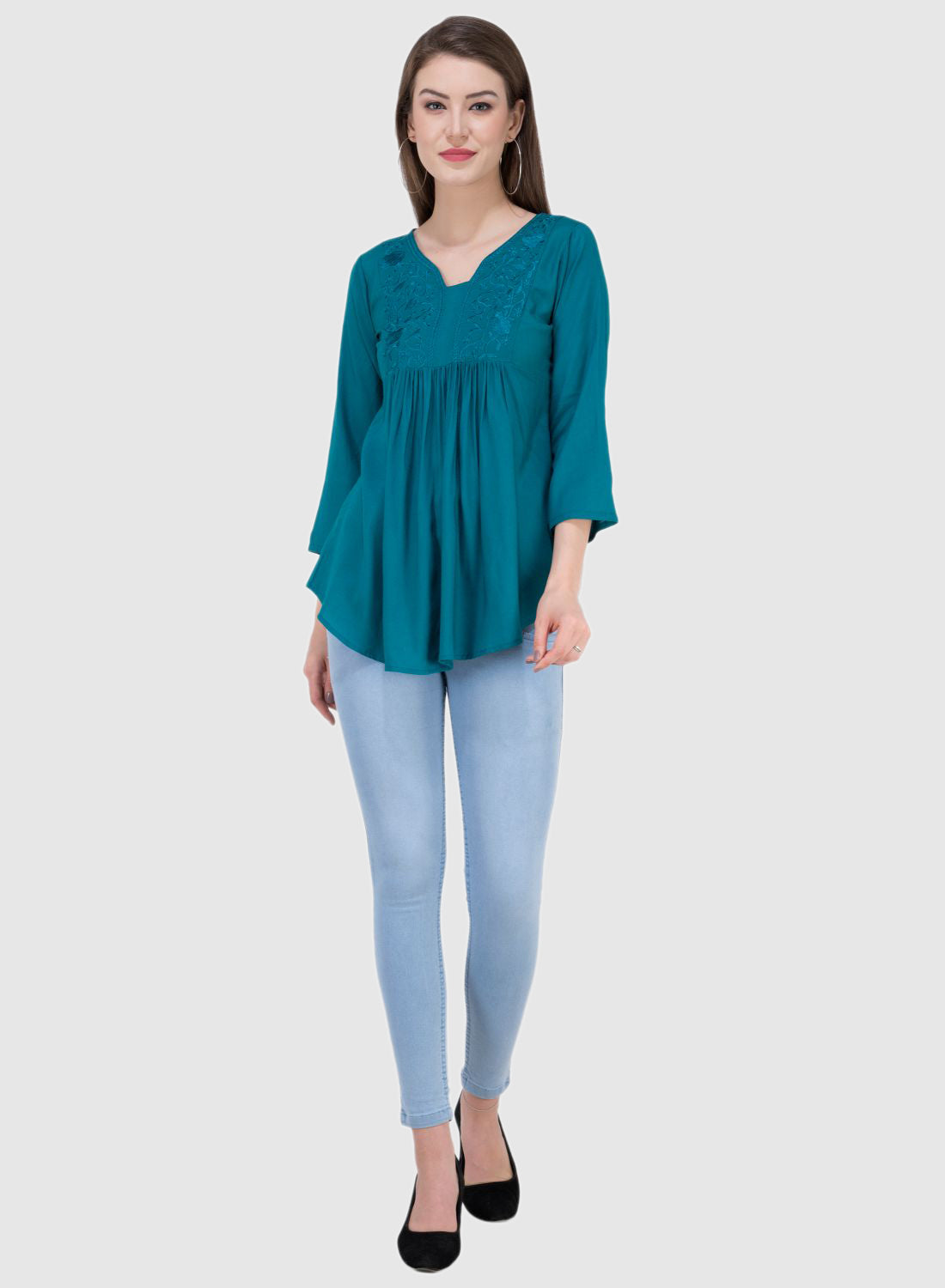 Women Top P Blue Rayon Casual Regular Fit and Flare 3/4 Sleeve