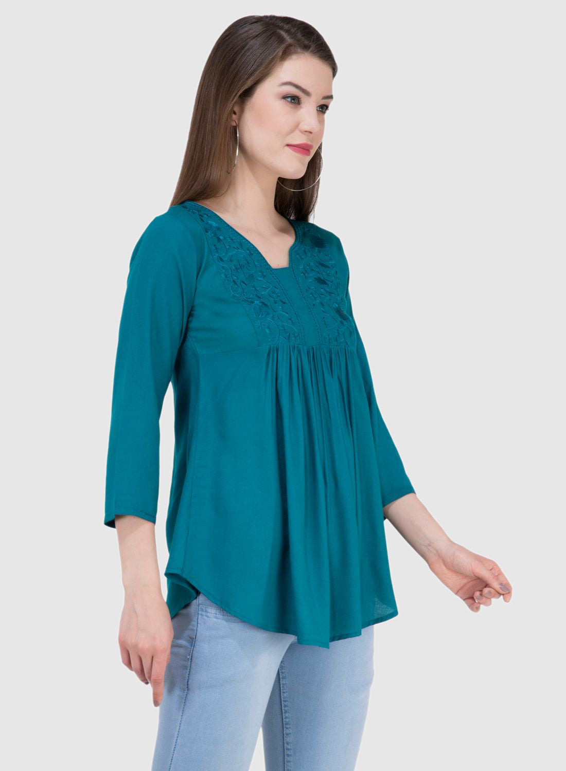 Women Top P Blue Rayon Casual Regular Fit and Flare 3/4 Sleeve