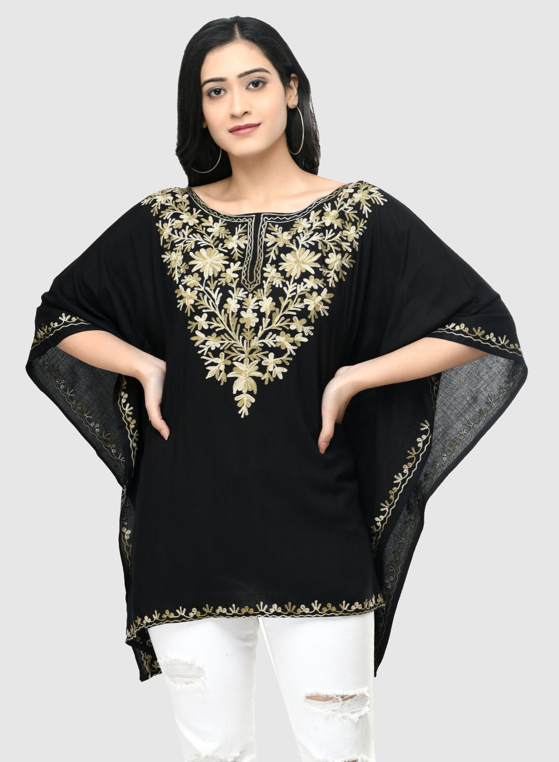 Women Kaftan Top Navy Blue Casual Regular Fit and Flare Embroidery Work
