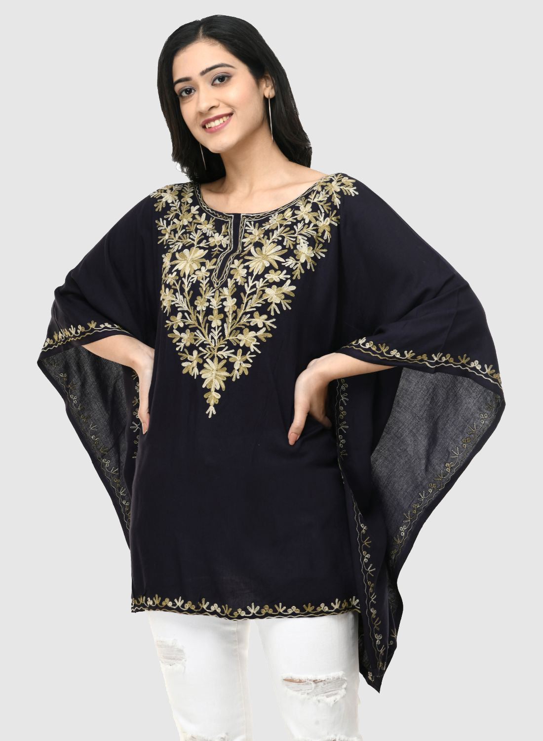 Women Kaftan Top Black Casual Regular Fit and Flare Embroidery Work