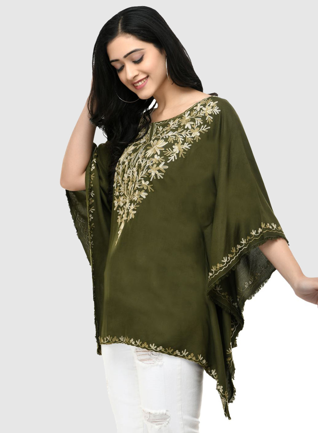 Women Kaftan Top Mehandi Green Casual Regular Fit and Flare Embroidery Work