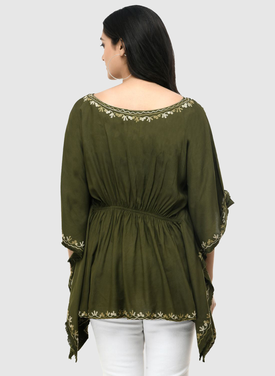 Women Kaftan Top Mehandi Green Casual Regular Fit and Flare Embroidery Work