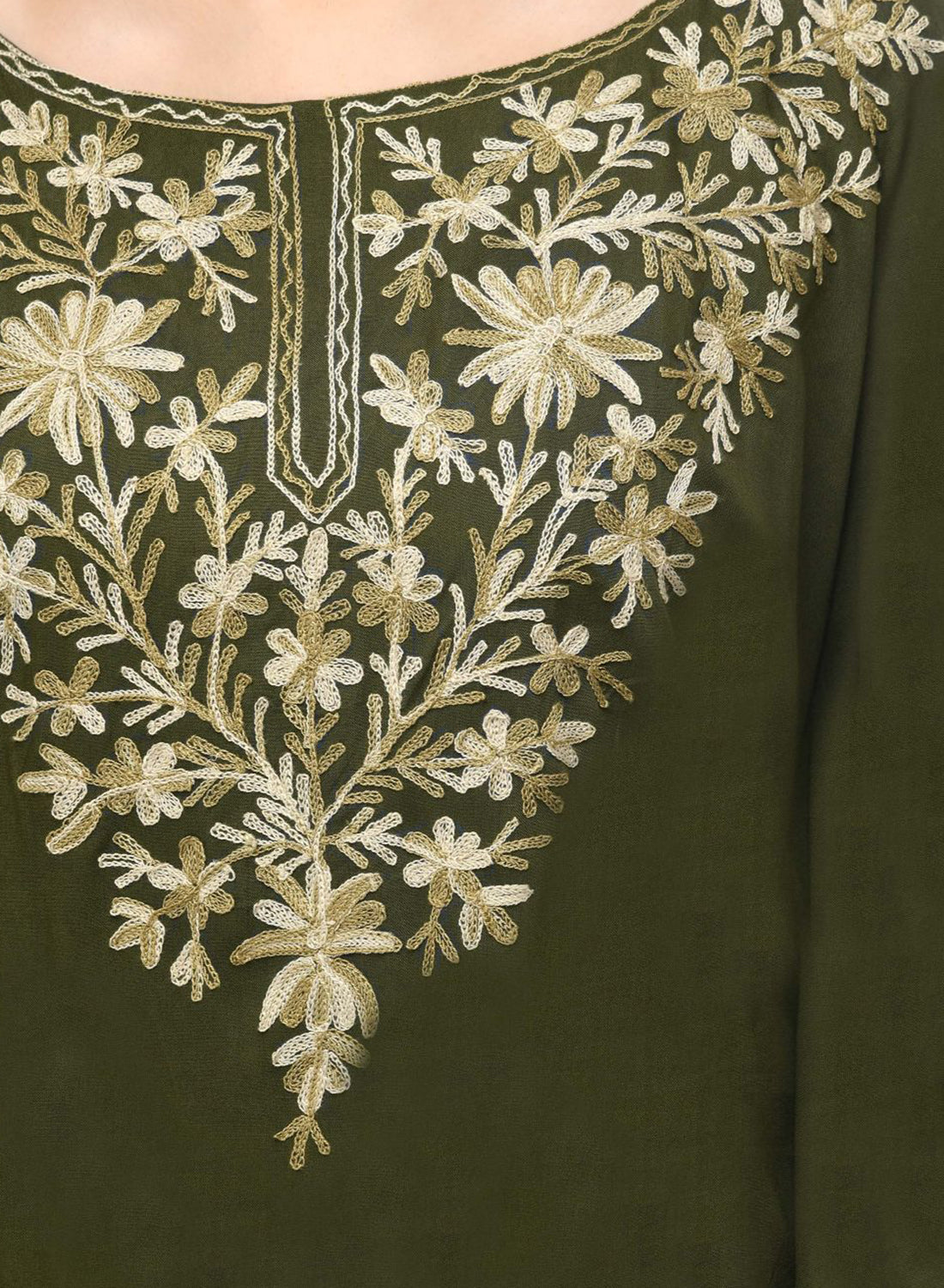 Women Kaftan Top Mehandi Green Casual Regular Fit and Flare Embroidery Work