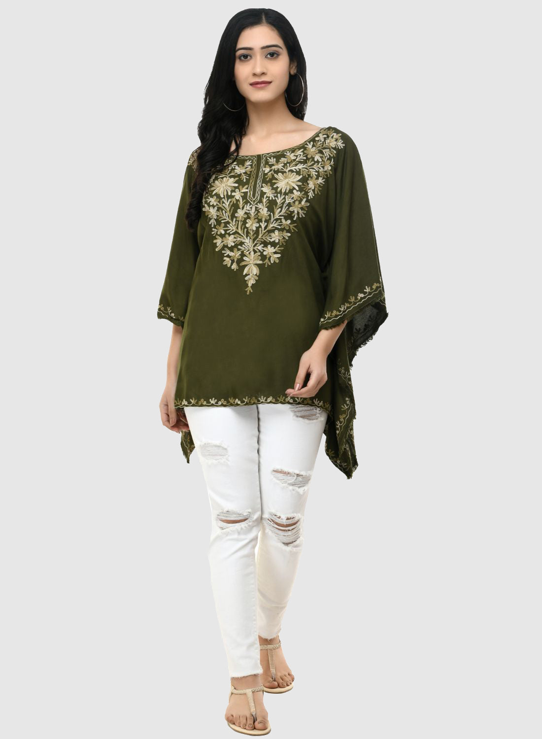 Women Kaftan Top Mehandi Green Casual Regular Fit and Flare Embroidery Work