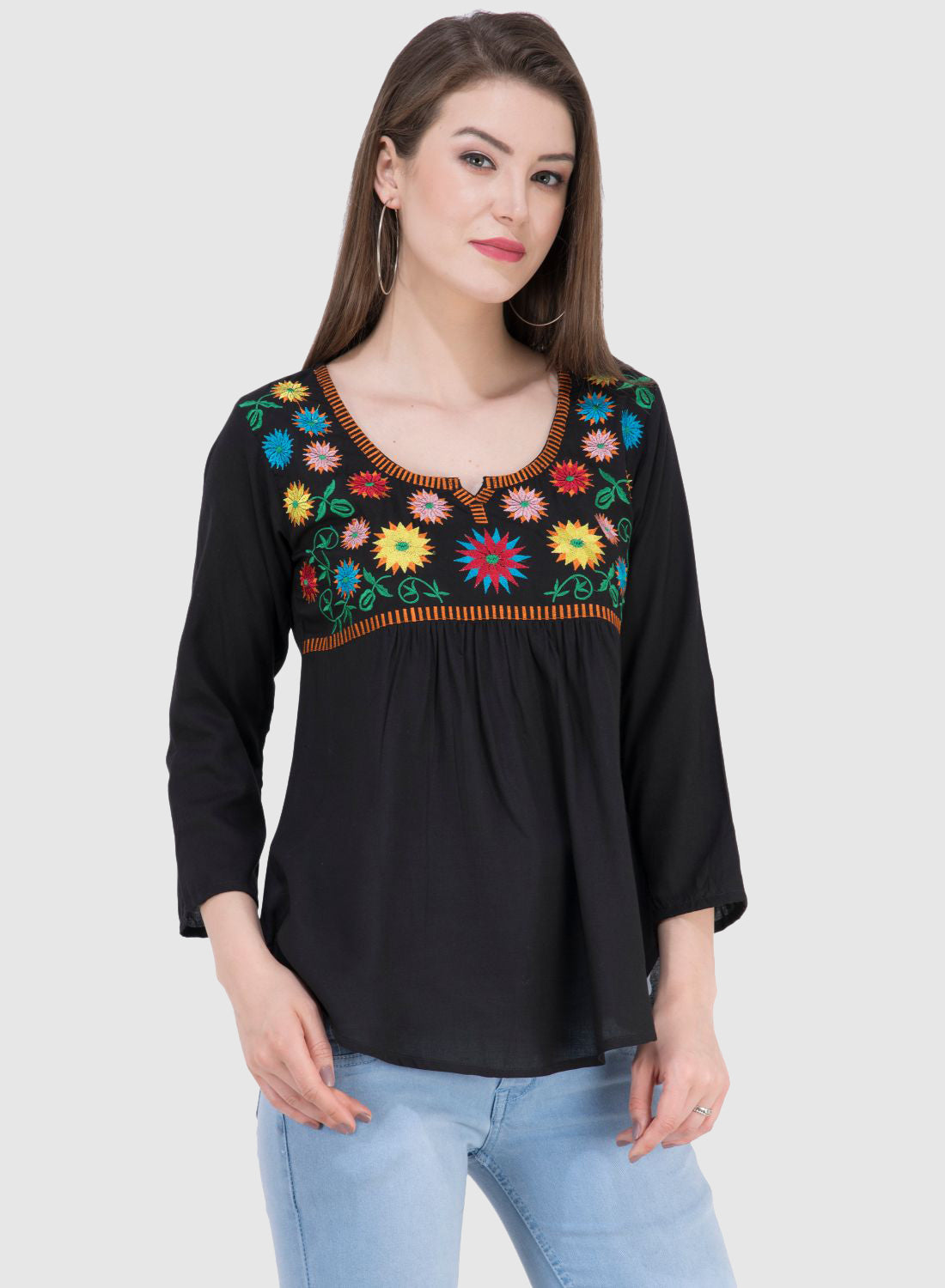 Women Top Black Rayon Casual Regular Fit 3/4 Sleeve Embroidery Work