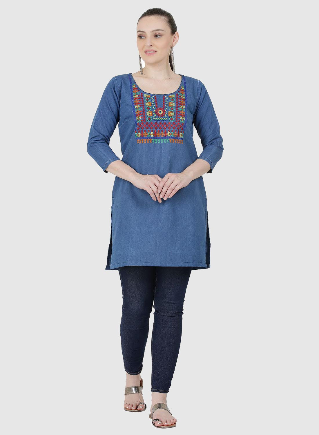 Women Kurti Denim Blue Regular Fit