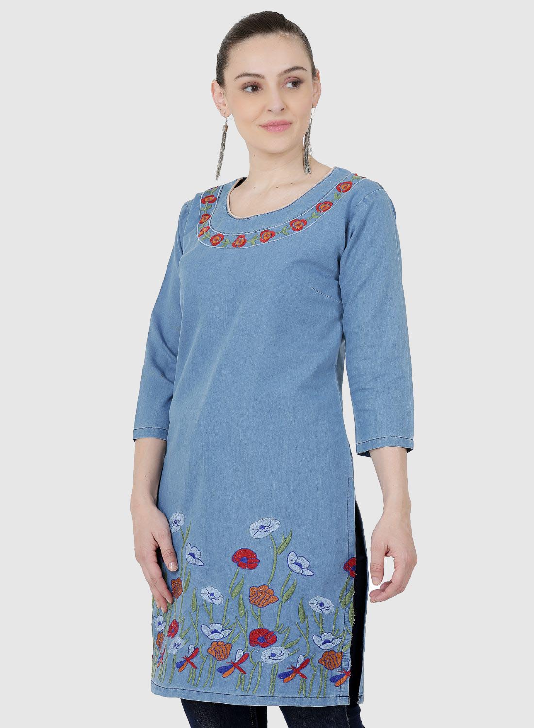 Women Kurti Denim Blue Regular Fit