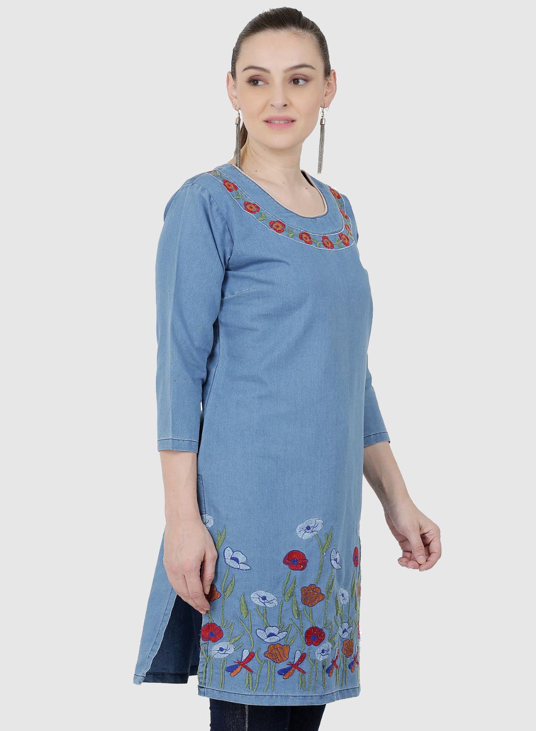 Women Kurti Denim Blue Regular Fit