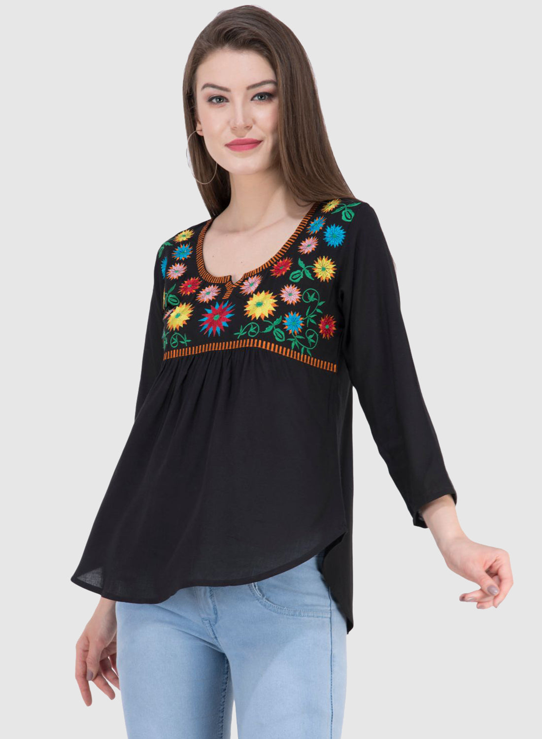 Women Top Black Rayon Casual Regular Fit 3/4 Sleeve Embroidery Work