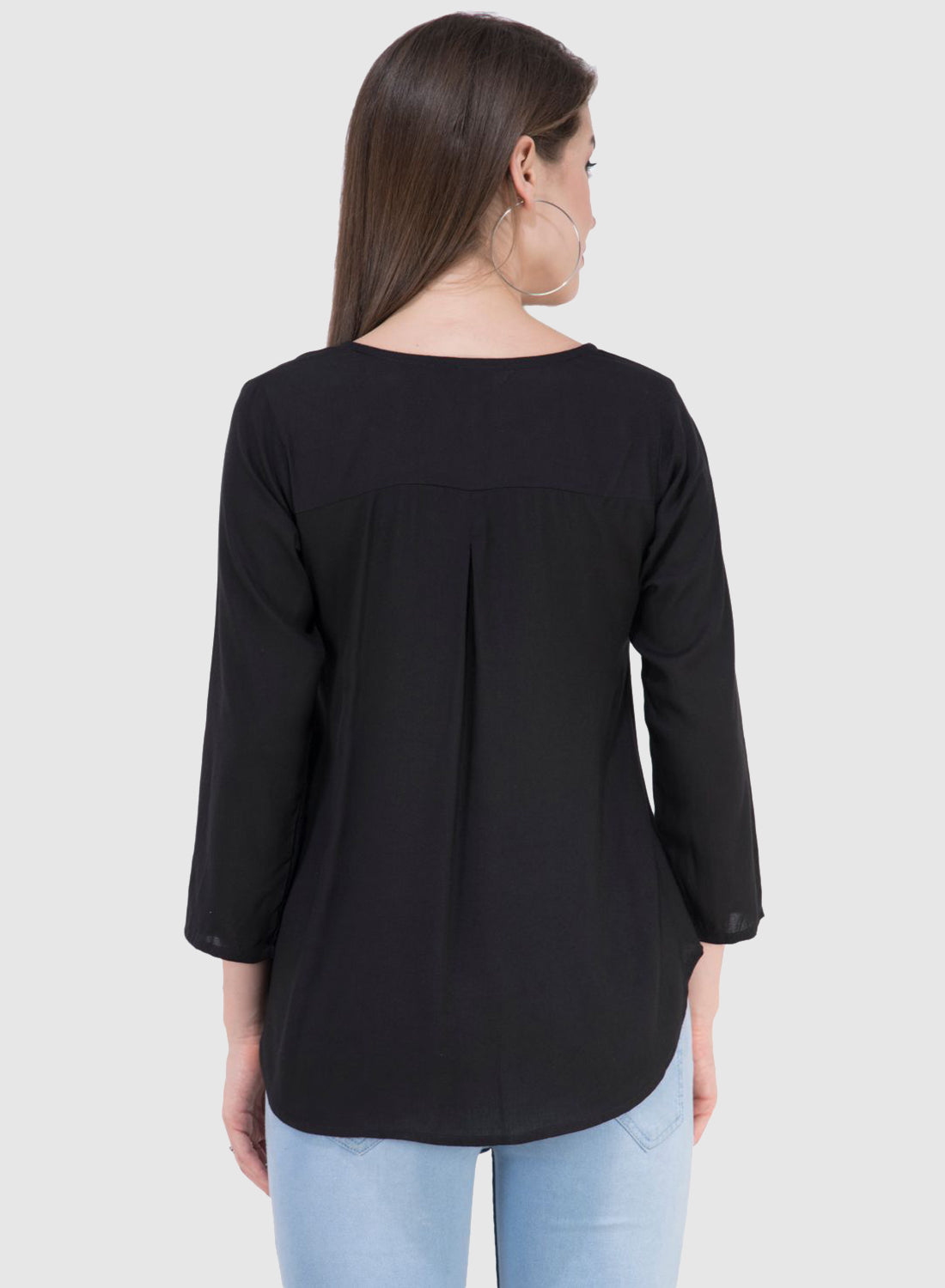 Women Top Black Rayon Casual Regular Fit 3/4 Sleeve Embroidery Work