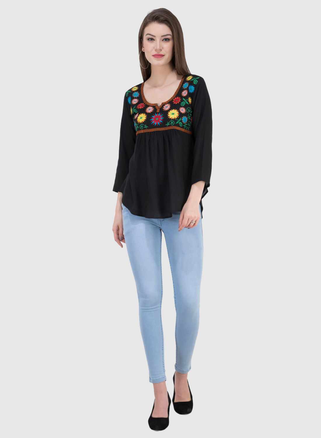 Women Top Black Rayon Casual Regular Fit 3/4 Sleeve Embroidery Work