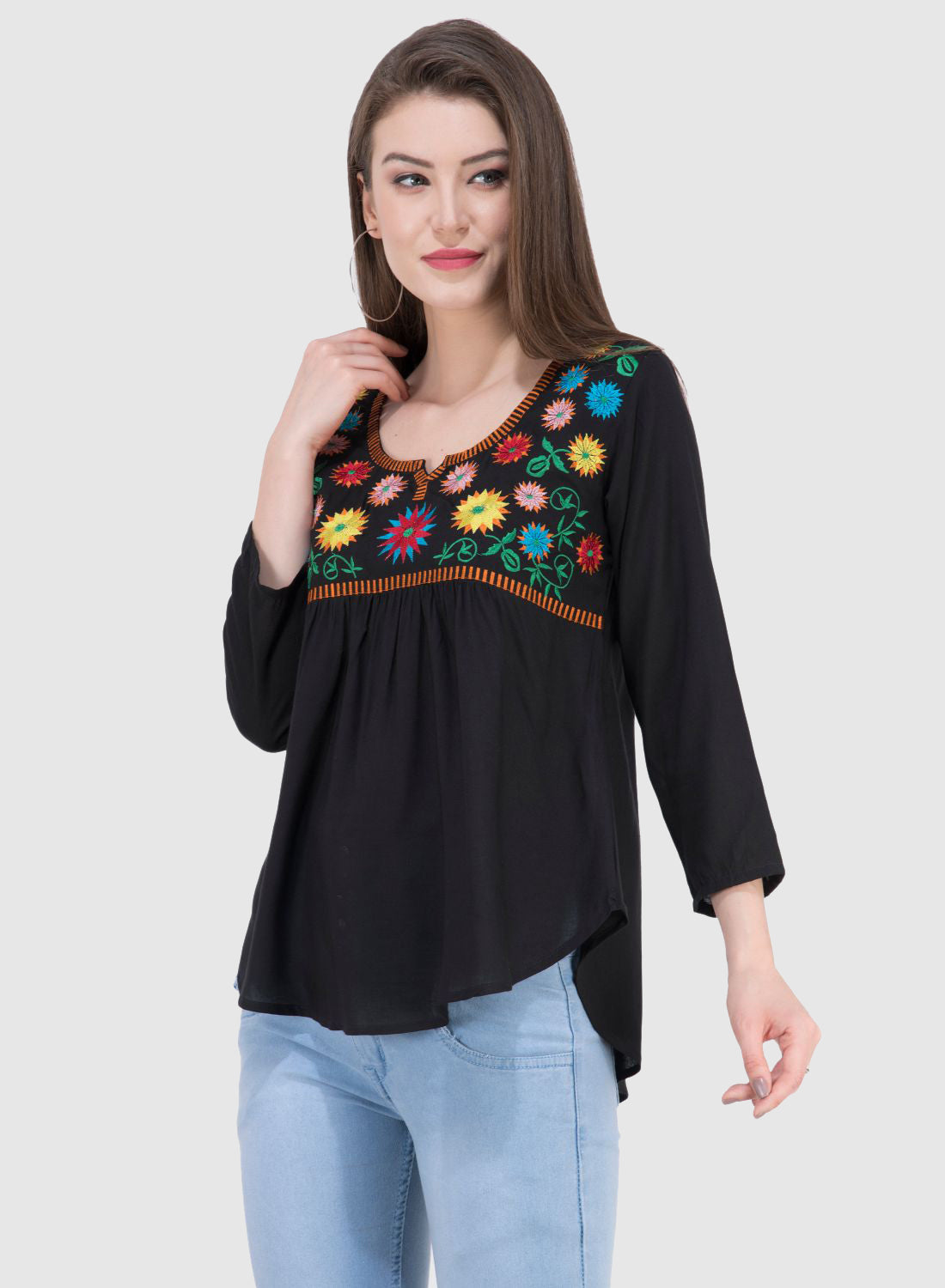 Women Top Black Rayon Casual Regular Fit 3/4 Sleeve Embroidery Work