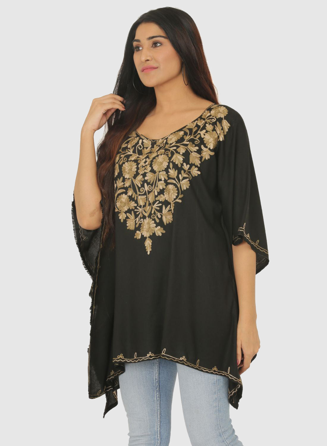 Women Kaftan Top Black Casual Regular Fit and Flare Embroidery Work