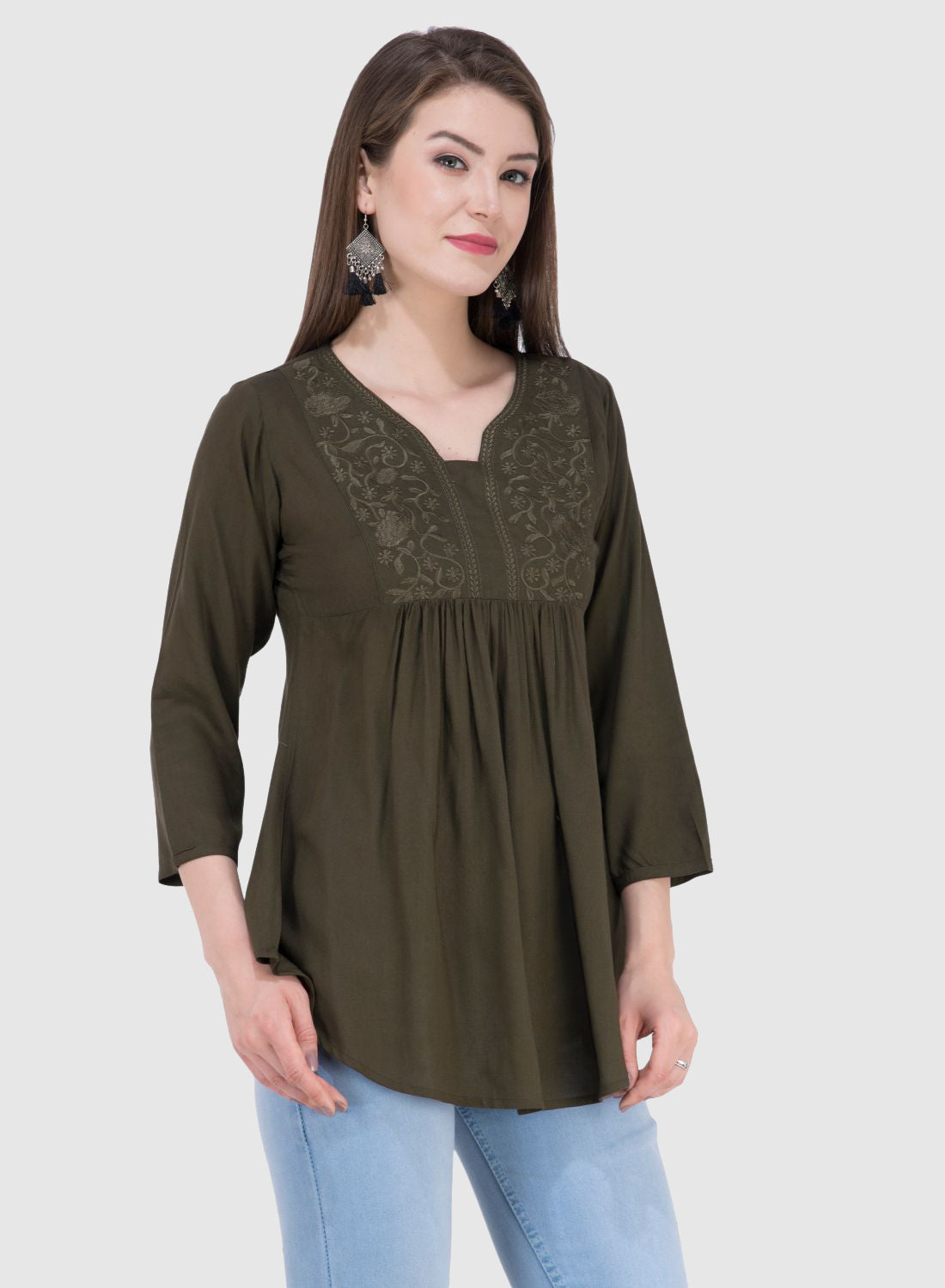Women Top Mehandi Rayon Casual Regular Fit 3/4 Sleeve Fit and Flare
