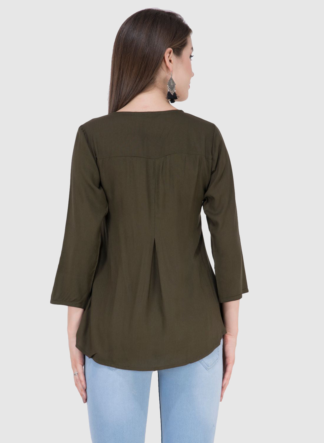 Women Top Mehandi Rayon Casual Regular Fit 3/4 Sleeve Fit and Flare