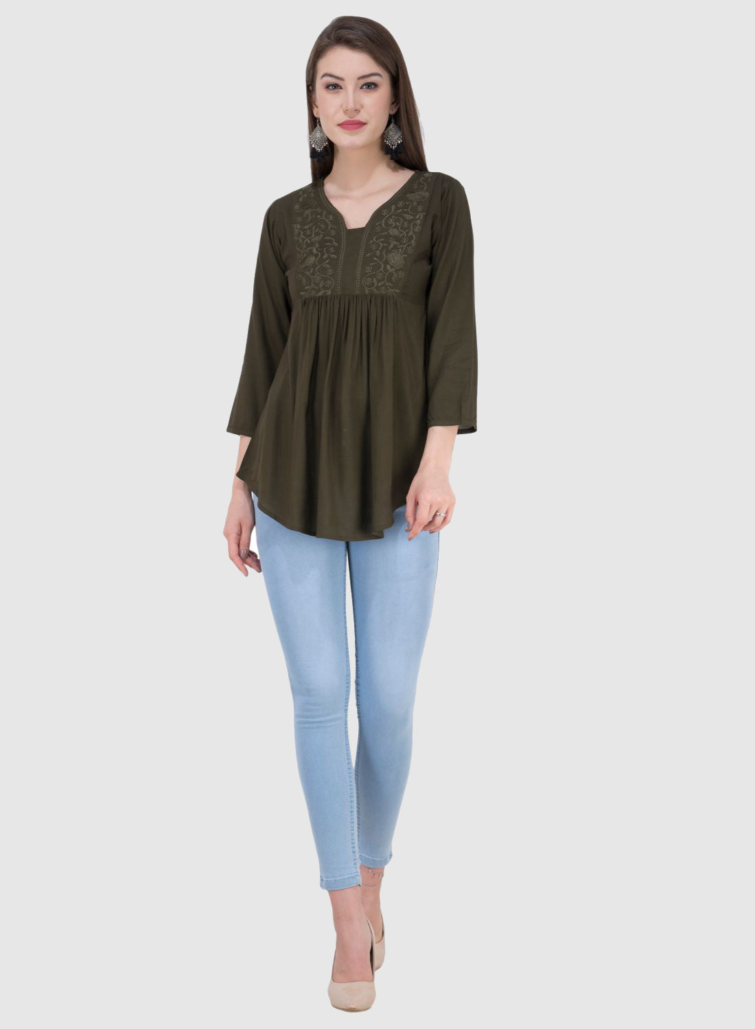Women Top Mehandi Rayon Casual Regular Fit 3/4 Sleeve Fit and Flare