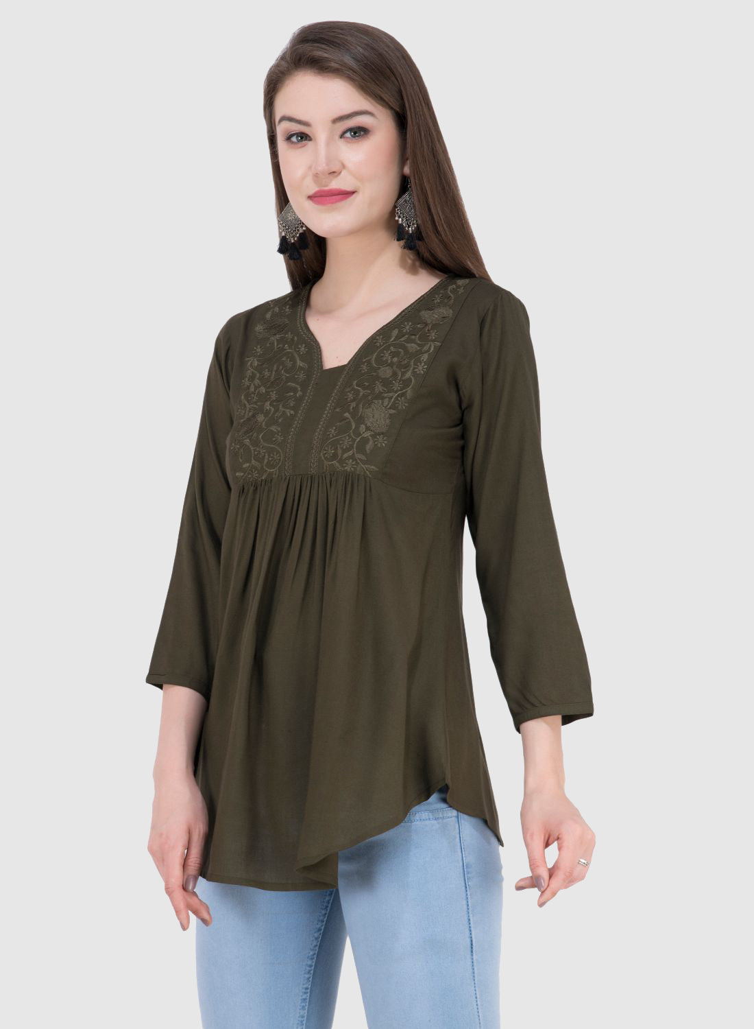 Women Top Mehandi Rayon Casual Regular Fit 3/4 Sleeve Fit and Flare