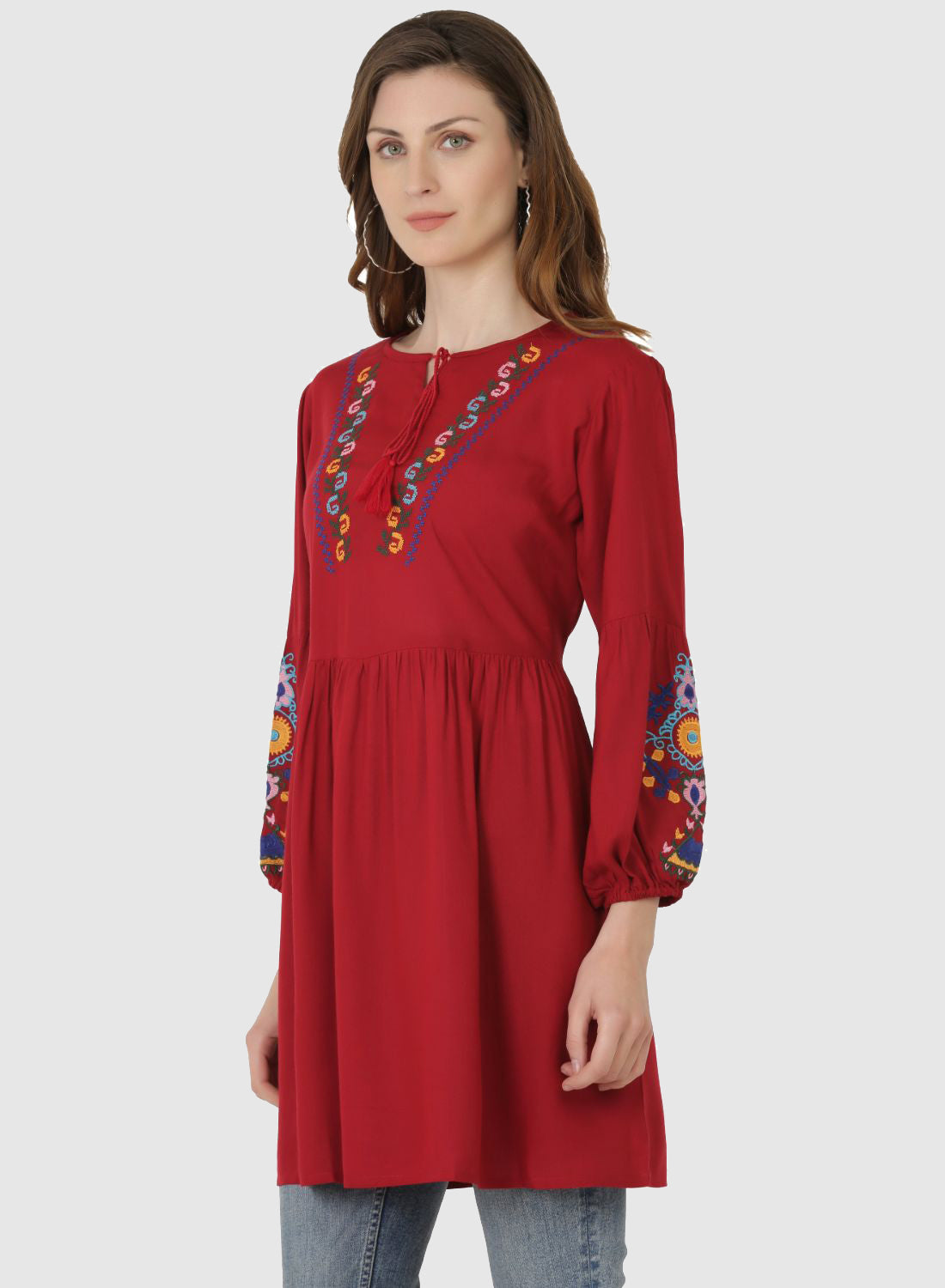 Women Top Maroon Regular Fit and Flare Puff Sleeve Embroidery Work