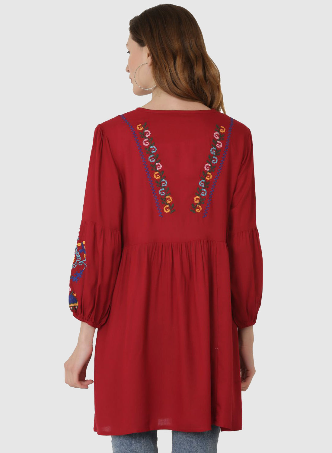 Women Top Maroon Regular Fit and Flare Puff Sleeve Embroidery Work