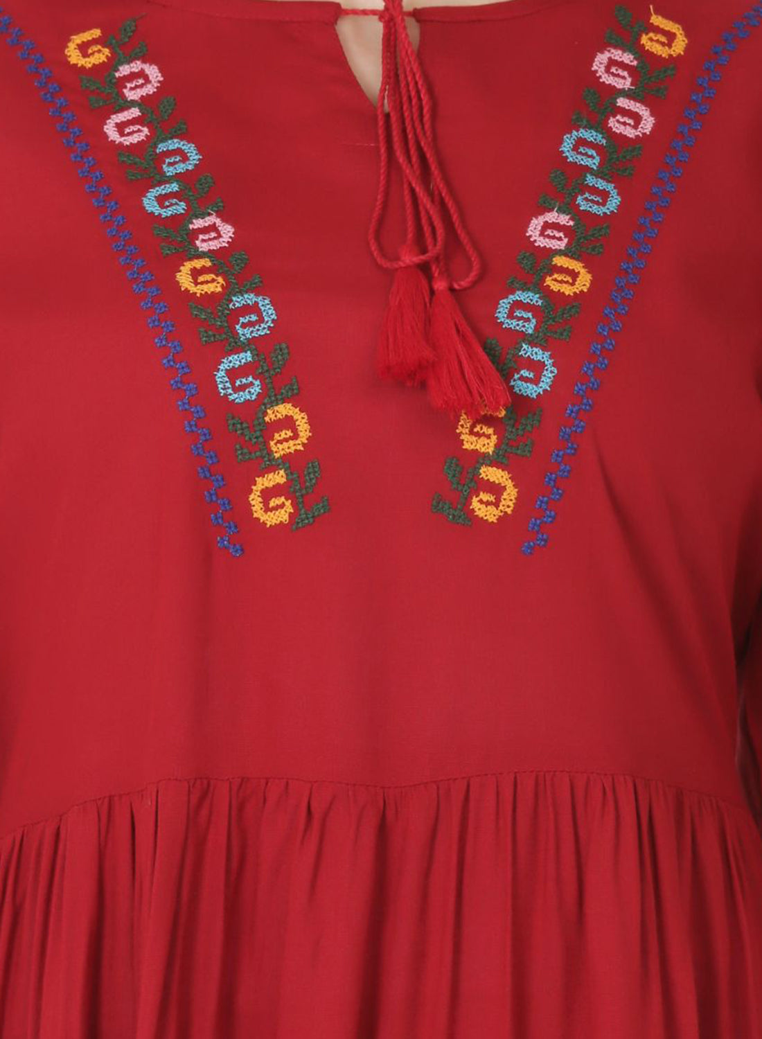 Women Top Maroon Regular Fit and Flare Puff Sleeve Embroidery Work