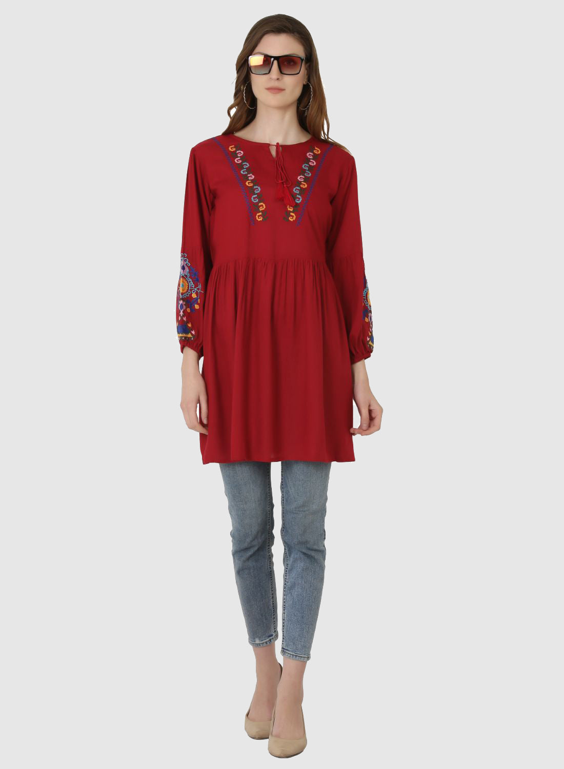 Women Top Maroon Regular Fit and Flare Puff Sleeve Embroidery Work