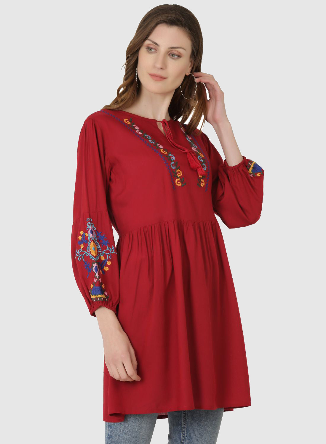 Women Top Maroon Regular Fit and Flare Puff Sleeve Embroidery Work