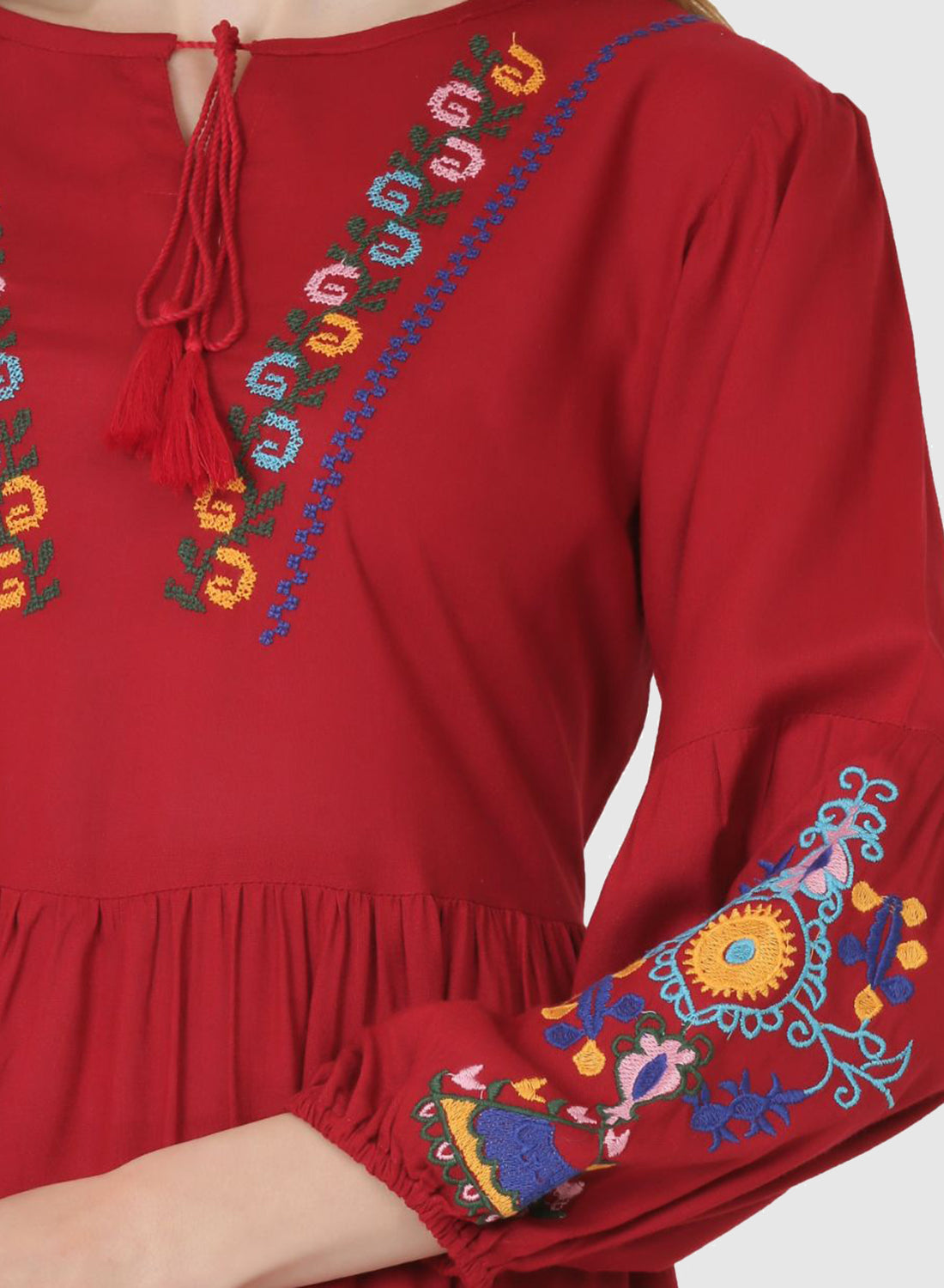 Women Top Maroon Regular Fit and Flare Puff Sleeve Embroidery Work