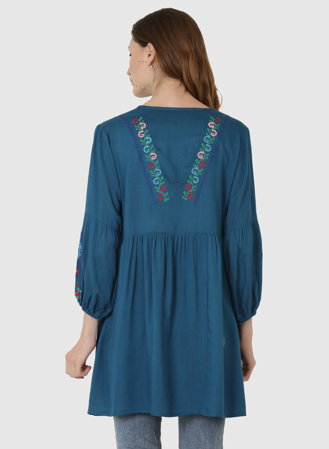 Women Top Blue Regular Fit and Flare Puff Sleeve Embroidery Work