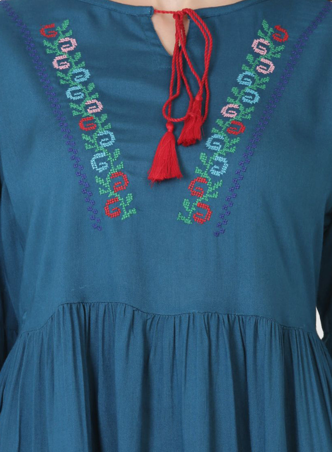Women Top Blue Regular Fit and Flare Puff Sleeve Embroidery Work