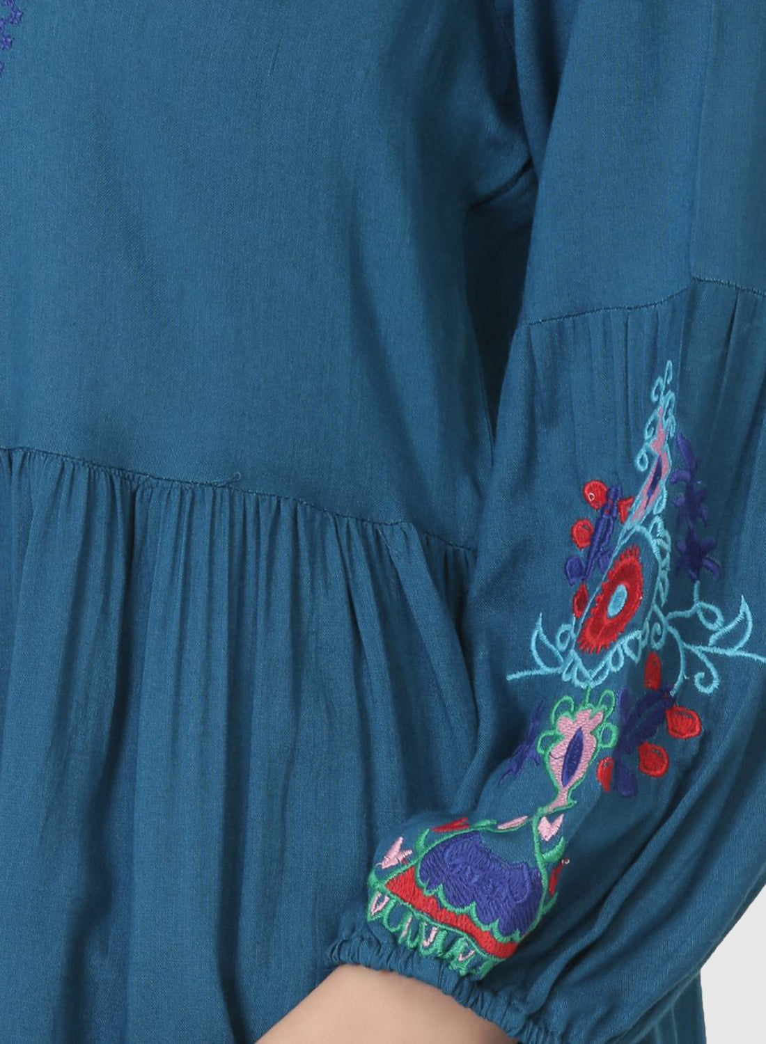 Women Top Blue Regular Fit and Flare Puff Sleeve Embroidery Work