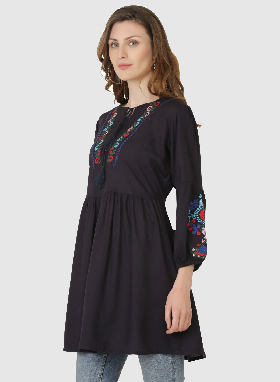 Women Top Navy Blue Regular Fit and Flare Puff Sleeve Embroidery Work