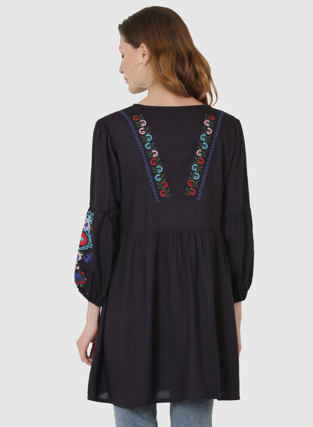 Women Top Navy Blue Regular Fit and Flare Puff Sleeve Embroidery Work