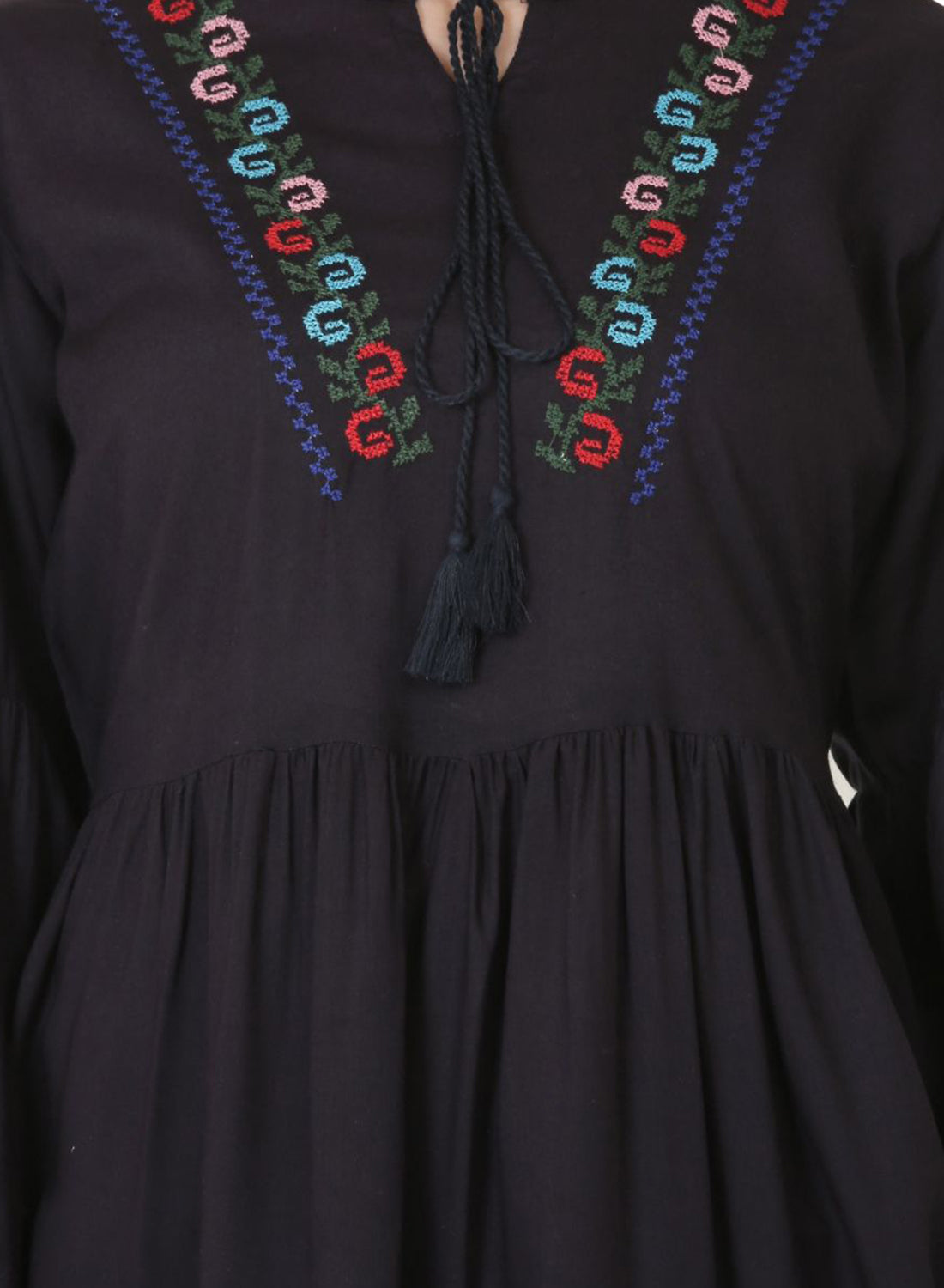 Women Top Navy Blue Regular Fit and Flare Puff Sleeve Embroidery Work