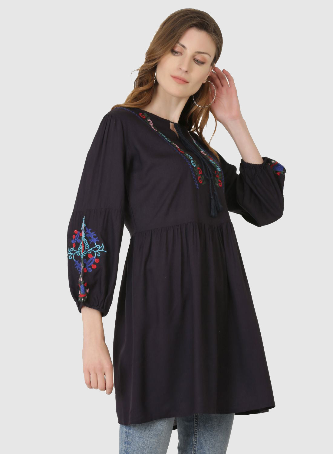 Women Top Navy Blue Regular Fit and Flare Puff Sleeve Embroidery Work