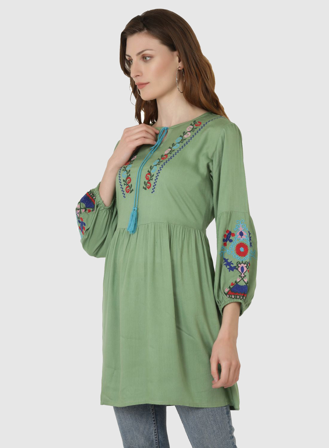 Women Top Sea Green Regular Fit and Flare Puff Sleeve Embroidery Work